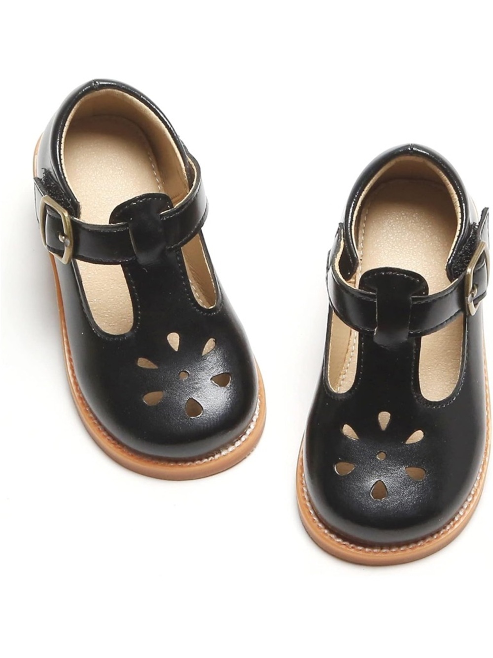 Girls Black T-Strap Floral Cutout Dress Shoes - Picture 1 of 6